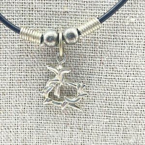 Crown of Thorns Pendant Necklace Womens Black Cord Silver Tone Hook Closure